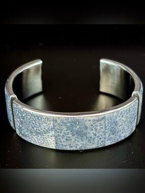 Vintage Blue Sponge Coral Silver Tone Inlay Panel .75” Open Back Cuff Bracelet